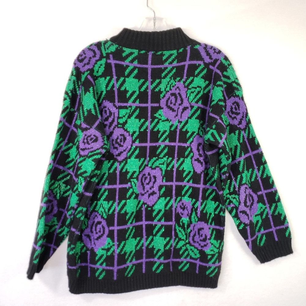 Vintage 90s Adele Knitwear Sweater Womens Black Rose Metallic Mockneck Outerwear - Picture 3 of 7